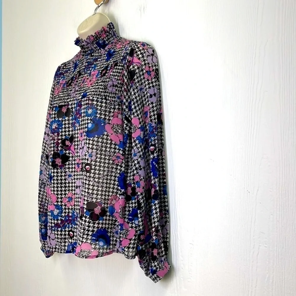 Guess - Colorful Floral Printed Mock Neck Long Sleeve Blouse Size Small